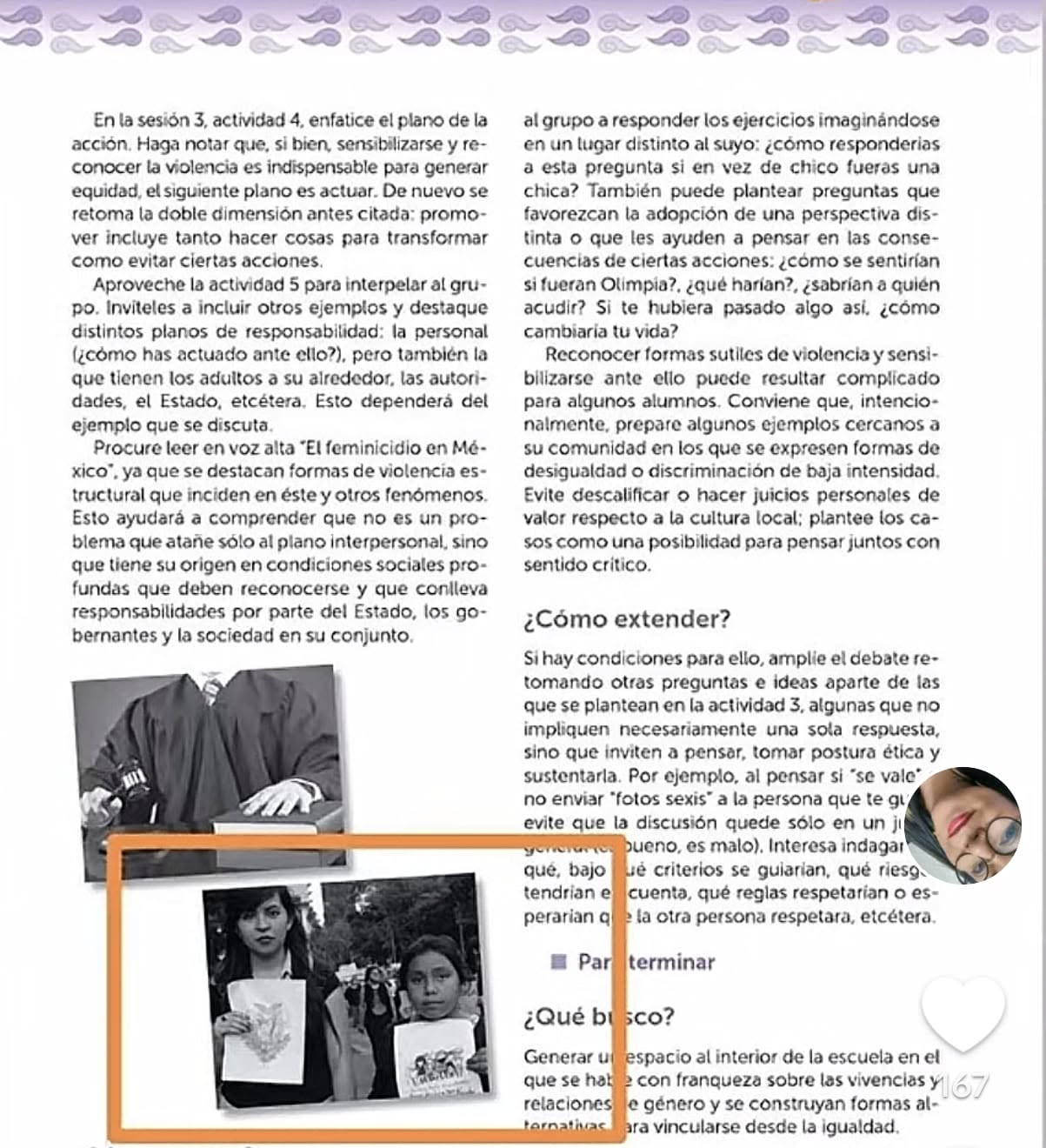 Página interior del Libro para el Maestro con una fotografía publicada